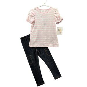 Absorba Toddler Girls 3T Legging Top Outfit Pink Stars Faux Denim